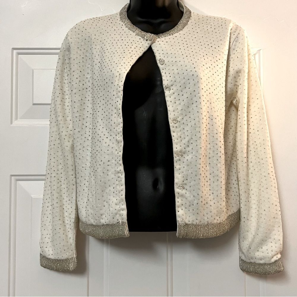 Vintage 50s Feminine Clear Silver Beaded Embellished  Sparkle Cardigan Sweater S